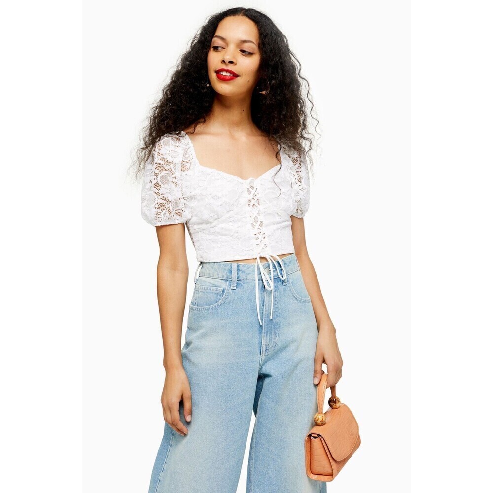 Topshop Women's Tie Up Lace Crop Top In Ivory Size Petite 2 $55